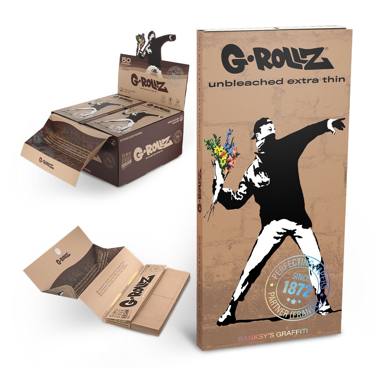 G-Rollz | Banksy's Graffiti 'Flower Thrower' Unbleached - 50 KS Papers + Tips & Tray